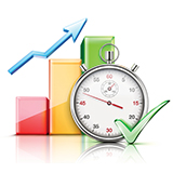 Back-Office-Efficiency clock in front of building blocks with arrow going up, green check mark