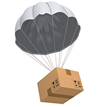 shipping box floating down with white parachute