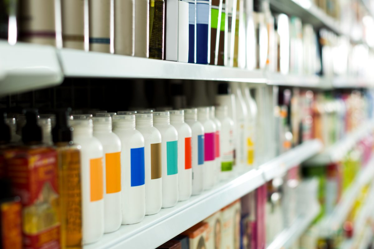 Drugstore shelf with bottles