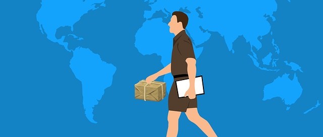 free delivery from cartoon delivery man wearing brown uniform carry package in front of blue world image