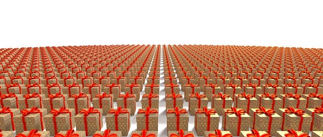 rows of kraft wrapped gifts with red bows
