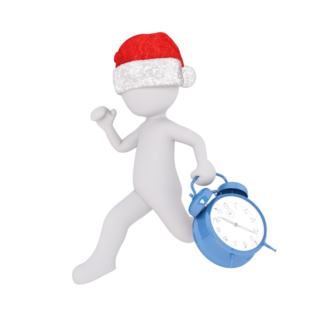 white figure wearing santa hat running with blue alarm clock