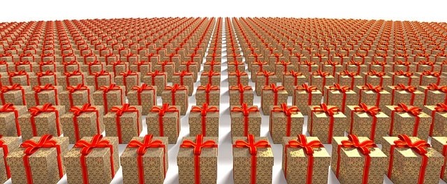 rows of kraft wrapped gifts with red bows